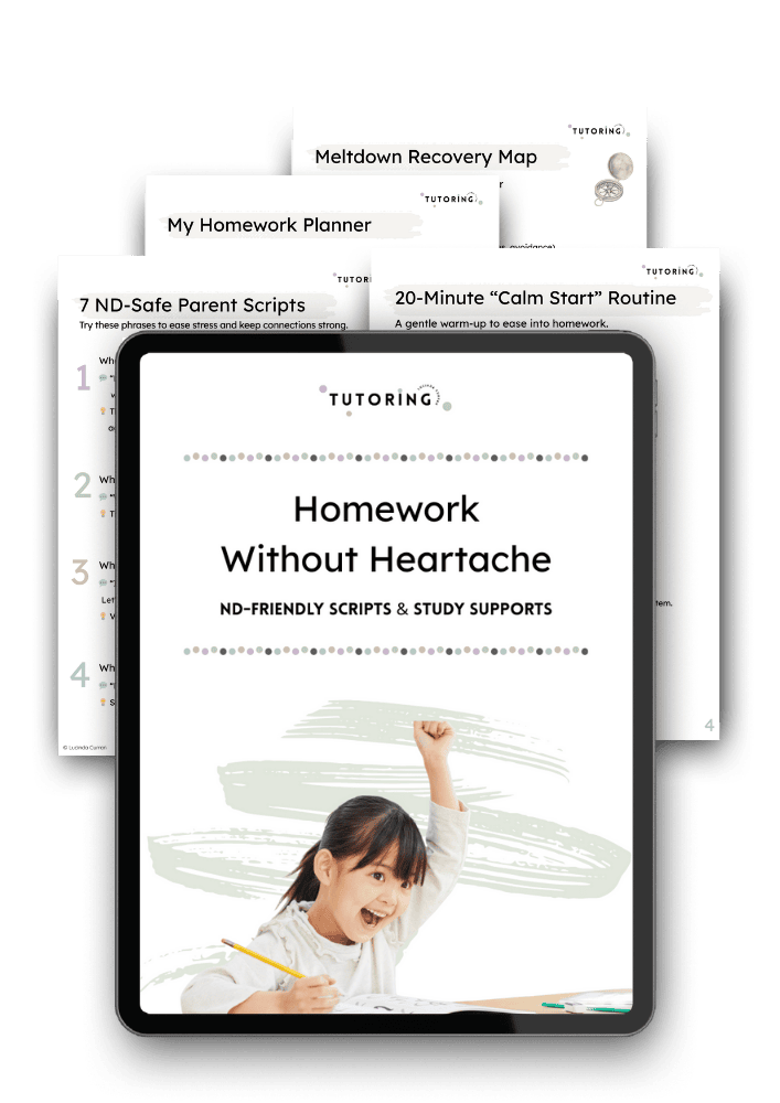 Homework Without Heartache ND-Friendly Scripts & Study Supports mockup @ tutoring.LucindaCurran.com